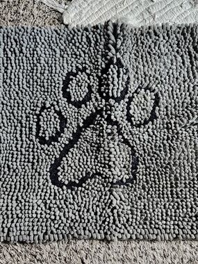Gray Paw Print Dog Mat - Plush Chenille Pet Rug